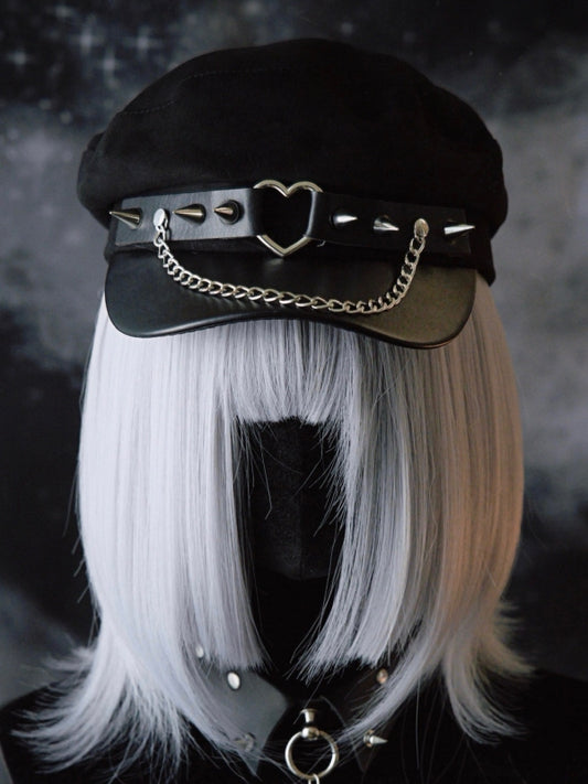 Black Gothic Heart Ring Chain Charm Studs Details Beret Hat