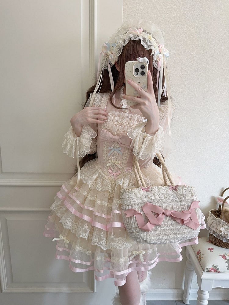 Pink Corset Waist Layered Tulle Skirt Princess Lolita JSK with Big Bow at Back