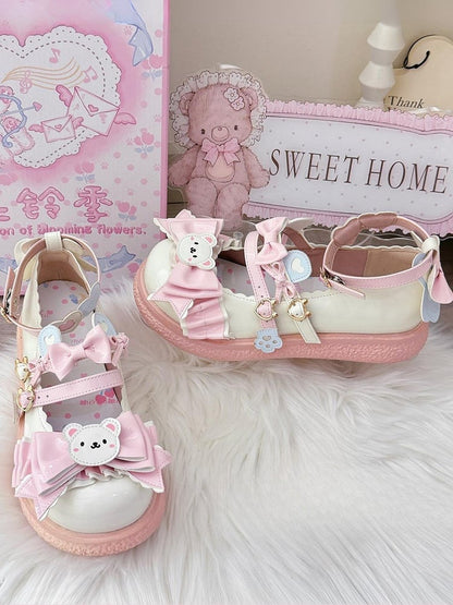 Delicate Heart Details, Bow Accents & Ruffles Trim PU White Bear Themed 3cm Flat Mary Janes in Sweet Lolita