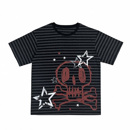 Black & Gray Stripe Pattern Skeleton Print T-shirt