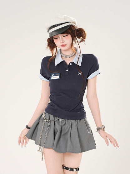 Preppy Style Red/Navy Blue Polo Collar Slim-fitting T-shirt