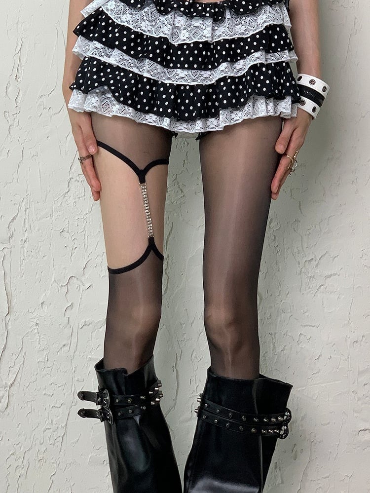 White/Gray/Black/Nude Y2K Suspender Tights With Leg Chain