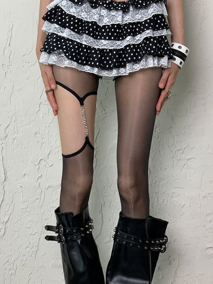 White/Gray/Black/Nude Y2K Suspender Tights With Leg Chain