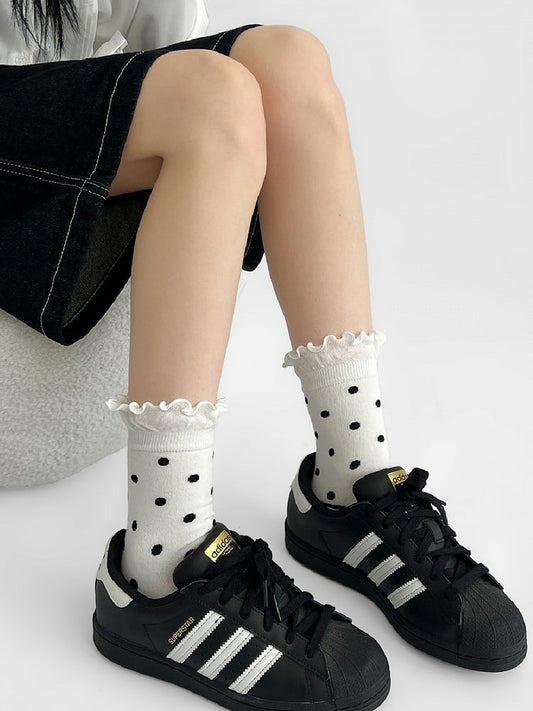 White&Black Polka-dot Pattern Ribbed Trim Socks