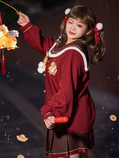 Plus Size New Year Dragon Embroidery Red Sailor Collar Top