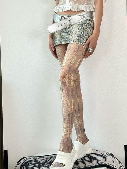 White&Gray Gyaru Fashion Tie Dye Hollow-out Details Tights