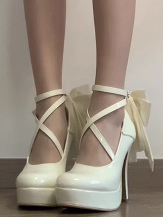 Polished Beige Detachable Bow Hime Lolita Platform High Block Heels