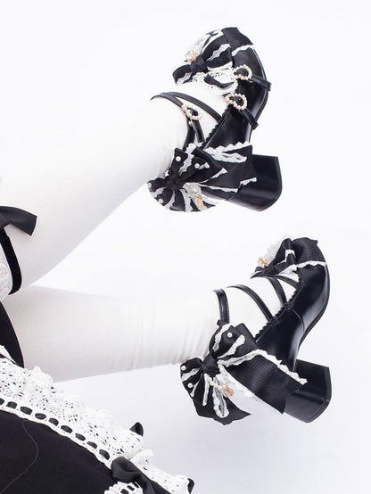 Black Sweet Lolita Bowknot Details Crisscross Design Heart Buckle Straps 2CM/5CM Block Heels Shoes