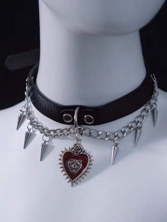 Gothic Heart Pendant Black and Silver PU Choker with Studs and Chains
