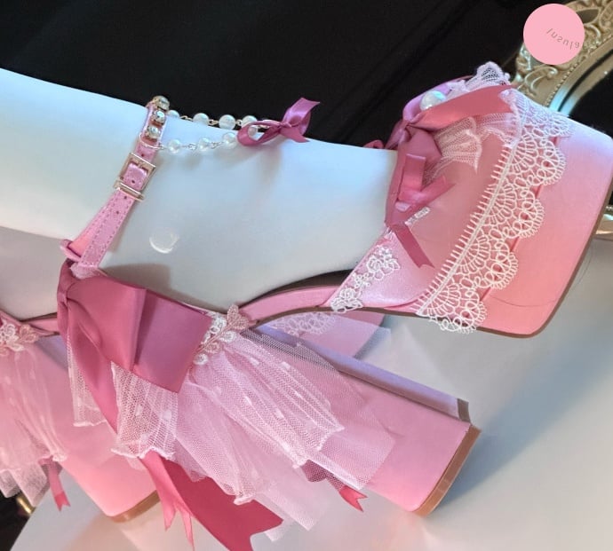 Clearance-Size 42 Pink Bows Lace Trim Rhinestone Ankle Strap 14CM Block Heel Hime Lolita Shoes with Beaded Chains