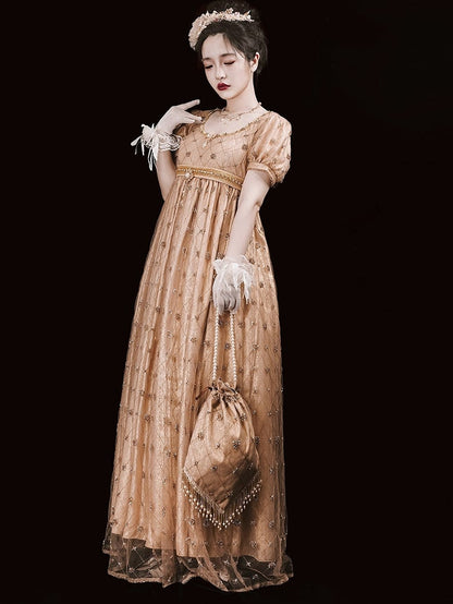 Allover Beaded Design Champagne Diamond Pattern Empire Waist Elegant Lolita One Piece Long/Short Version