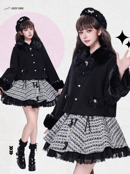 Jirai Kei Black Detachable Faux Fur Collar and Cuffs Landmine Style Coat