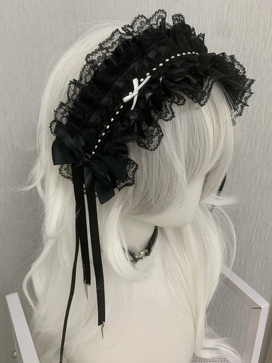 Black/White Studs Decorated Bowknot Details Ruffled Hairband