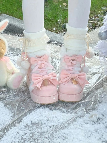 Pink Winter Boots for Lolita with Pompom Decor, Bow Accents & Plush Interior