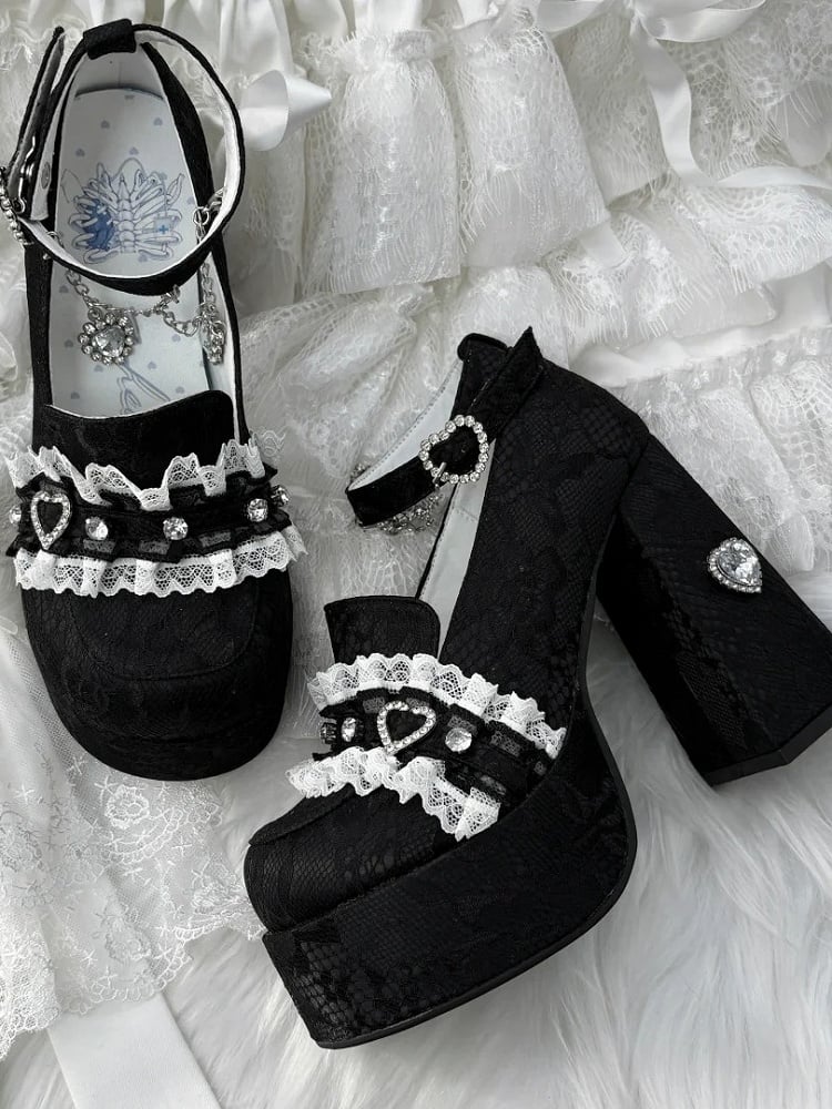 Jirai Kei Black Lace Platform Heels: 12cm Chunky Block Heel with Heart Rhinestone Chain & Buckle Ankle Strap