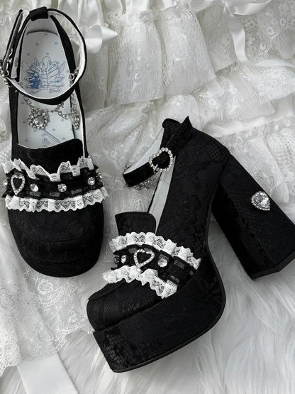 Jirai Kei Black Lace Platform Heels: 12cm Chunky Block Heel with Heart Rhinestone Chain & Buckle Ankle Strap