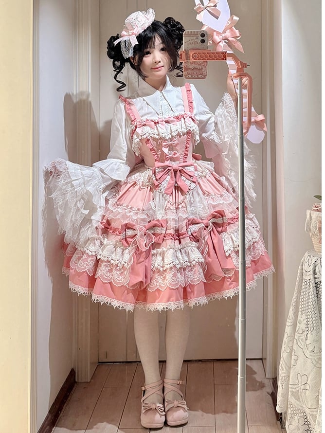 Pink Detachable Bows and Bead Details Sweet Tiered Skirt Lolita Dress