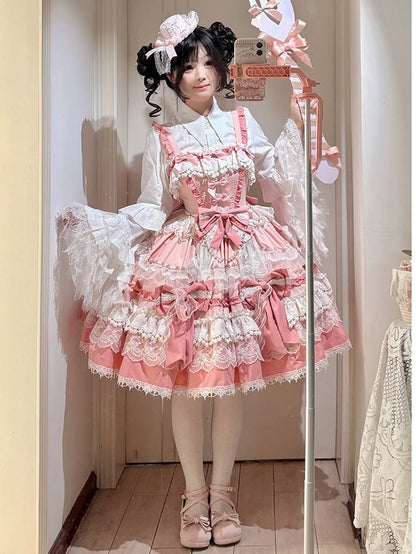 Pink Detachable Bows and Bead Details Sweet Tiered Skirt Lolita Dress