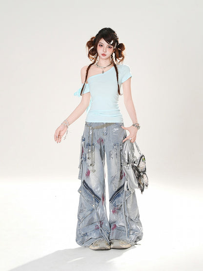 Baby Blue Asymmetrical Neckline Slim-fitting T-shirt