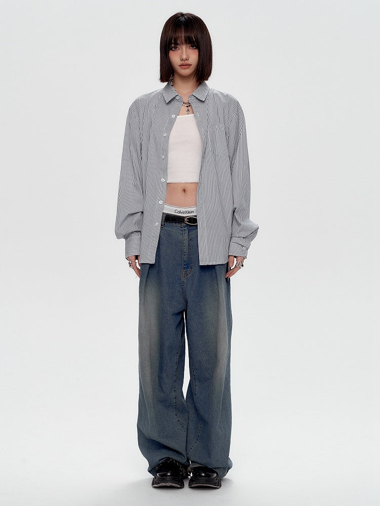 Black Graffiti Letters Blue and White Striped Preppy Unisex Shirt