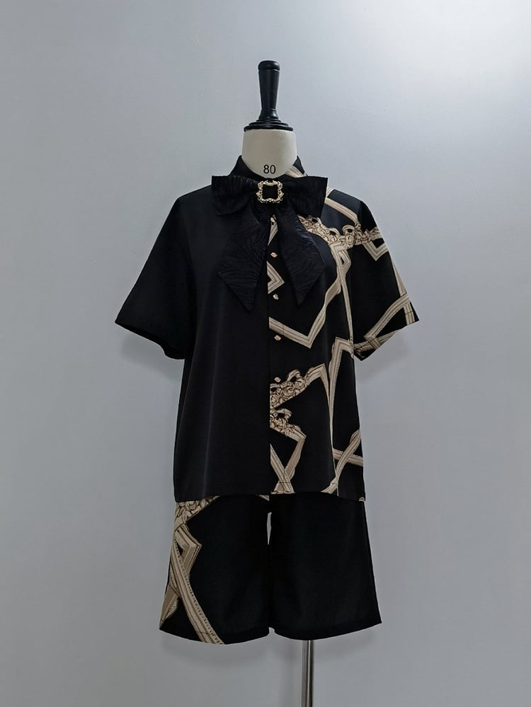 Black Ouji Lolita Asymmetrical Frame Print Shirt with Bow Tie