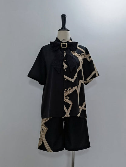 Black Ouji Lolita Asymmetrical Frame Print Shirt with Bow Tie