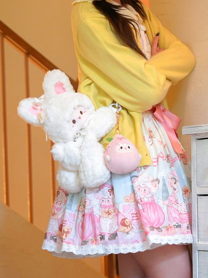 White Rabbit Bowknot Plush Backpack/Crossbody Bag + Plush Backpack Keychain