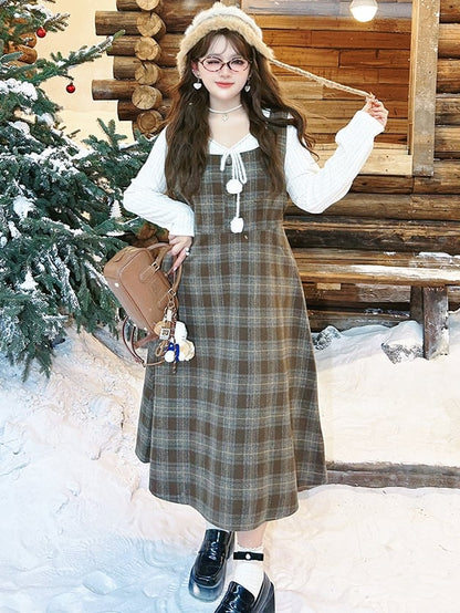 Plus Size Brown High Waist Plaid Pattern Woolen Overall Dress