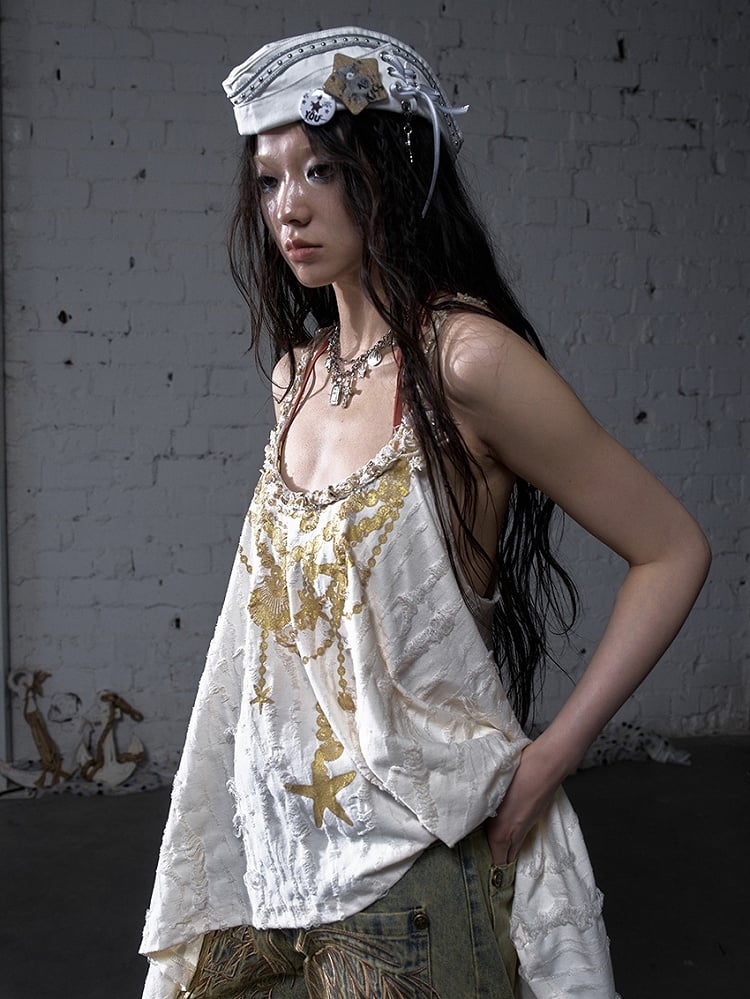 Gold Starfish Print Apricot Wasteland Punk Distressed Holes Cami Top