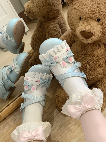 Blue Polka-dot Pattern Crisscross Design Bowknot Details Bunny Applique Lace Trim Sweet Lolita Shoes
