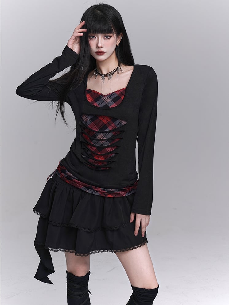 Sweetheart Neckline Distressed Holes Faux Two-pieces Red Plaid Top