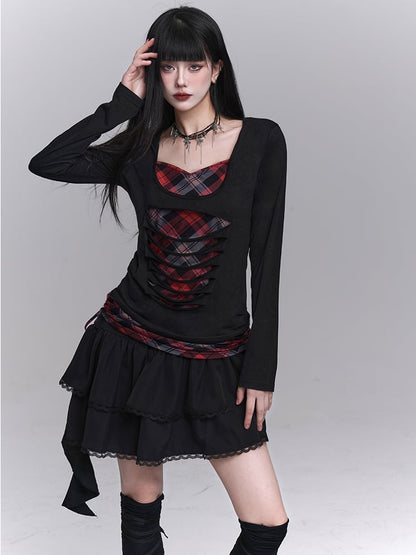 Sweetheart Neckline Distressed Holes Faux Two-pieces Red Plaid Top