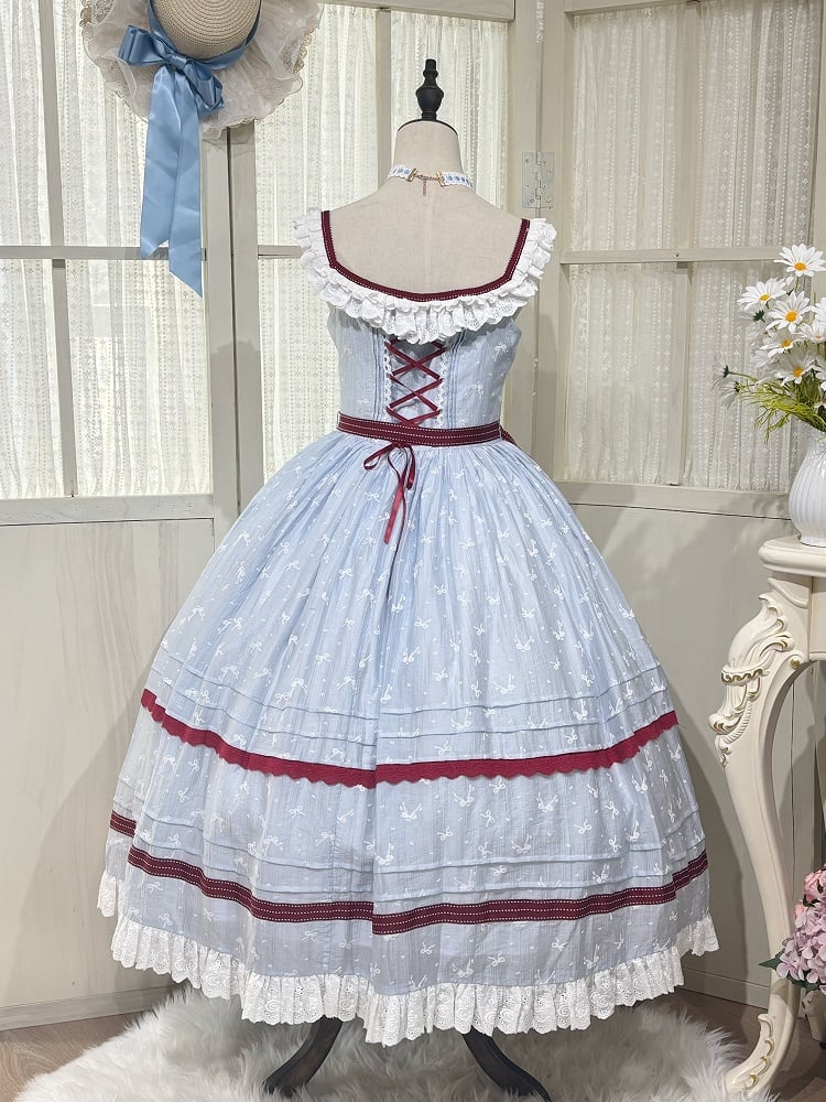 Plus Sizes Available Small Bows Fabric Blue and Red Front Button Placket Classic Lolita JSK