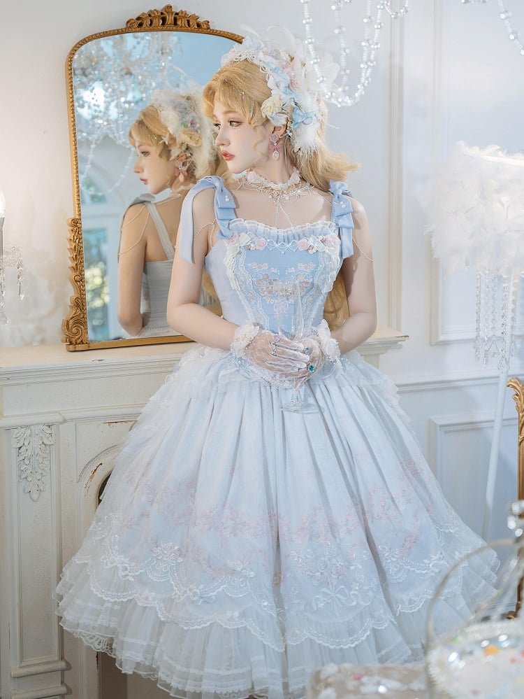 Blue Floral Embroidery Princess Corset Top + Skirt Hanayome Full Set