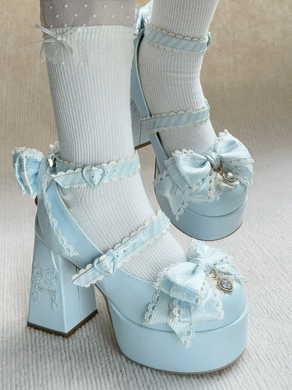 Platform Sophisticated Blue High Block Heels - PU Leather with Heel Stitching Bow, Sparkling Details & Striped Straps