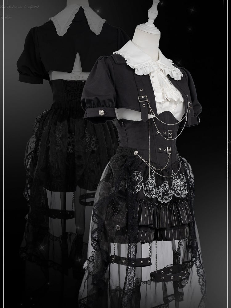 Black and White Prince Ouji Lolita Outfit - White Sleeveless Shirt + Black Cropped Top + Hiigh Waist Blommer Shorts Full Set