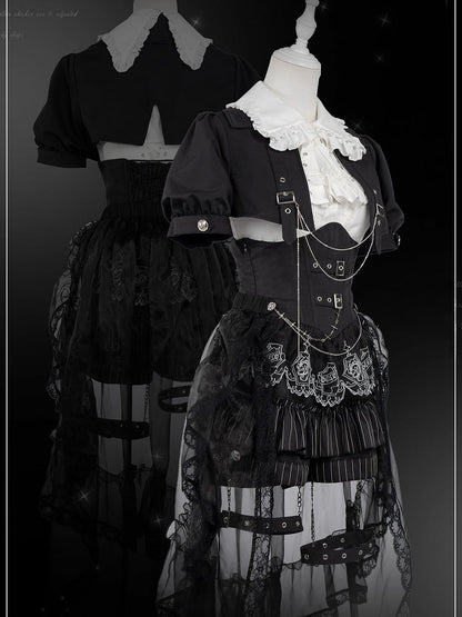 Black and White Prince Ouji Lolita Outfit - White Sleeveless Shirt + Black Cropped Top + Hiigh Waist Blommer Shorts Full Set