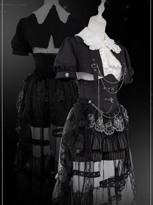 Black and White Prince Ouji Lolita Outfit - White Sleeveless Shirt + Black Cropped Top + Hiigh Waist Blommer Shorts Full Set