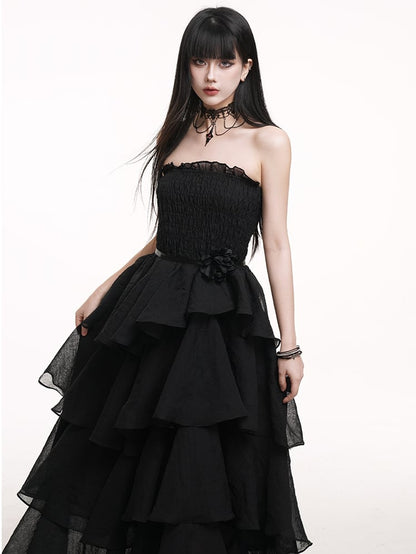 Black High Waist Mesh Tiered Skirt Prom Gown Dress