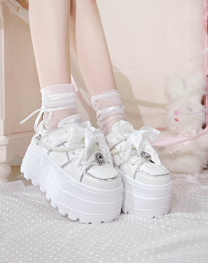 Jirai Kei White Rhinestone Platform Shoes with Detachable Beaded Chain
