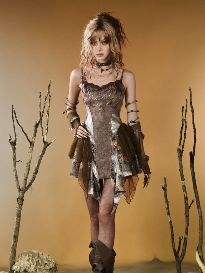 Brown Wasteland Punk Snakeskin Pattern Contrast Lace Patches Asymmetrical Hem Cami Top