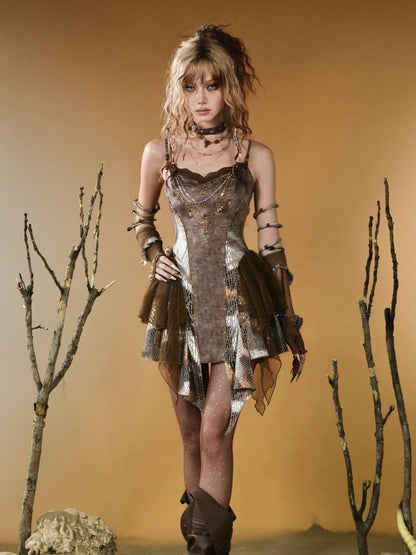 Brown Wasteland Punk Snakeskin Pattern Contrast Lace Patches Asymmetrical Hem Cami Top