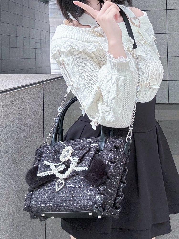 Elegant Black Ruffled-Edge Lolita Bag - Detachable Beaded Chain & Rhinestone Decor Bow Embellishment with Plush Bunny Ear