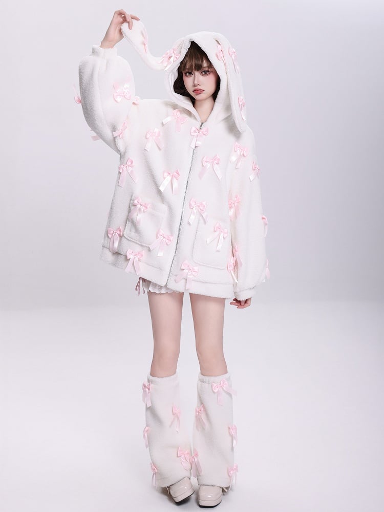 Allover Pink Bows Jirai Kei Bunny Ears Hooded White Fleece Zip Hoodie