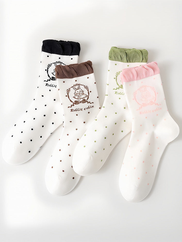 Mint Green/Pink/Black/Brown Lolita Bunny Print Polka-dot Pattern Ruffled Calf Stock