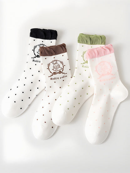 Mint Green/Pink/Black/Brown Lolita Bunny Print Polka-dot Pattern Ruffled Calf Stock