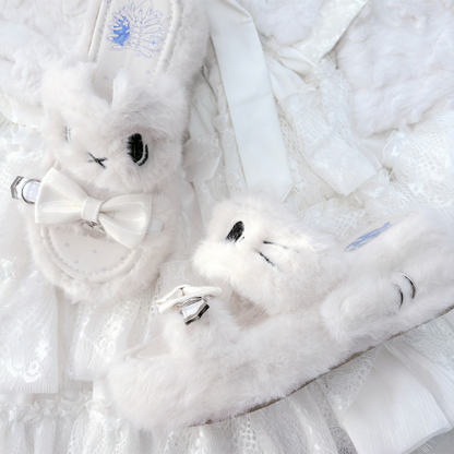 White Jirai Kei Platform Slippers: Plush Kitten Embroidery with Bow & Heart Charm