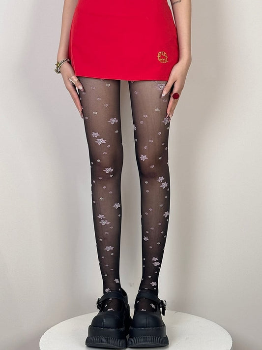 Black/Pink/Purple Floral Pattern Tights