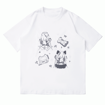 Anime Girl Print White/Dark Gray Round Neck Cotton T-shirt
