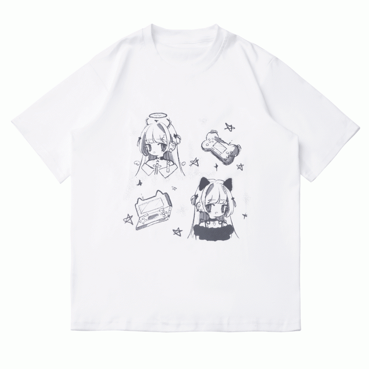 Anime Girl Print White/Dark Gray Round Neck Cotton T-shirt